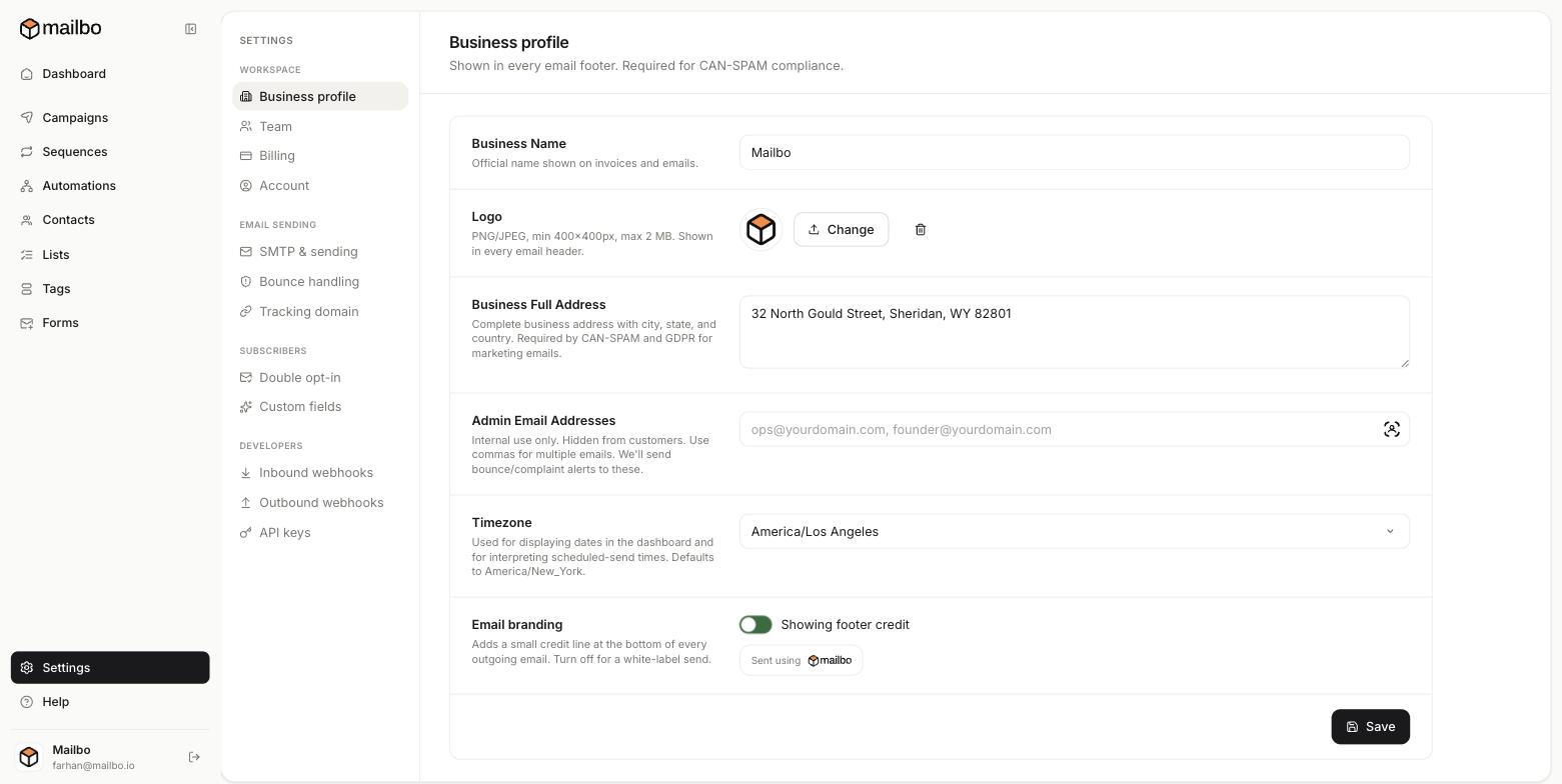 The Business profile settings page