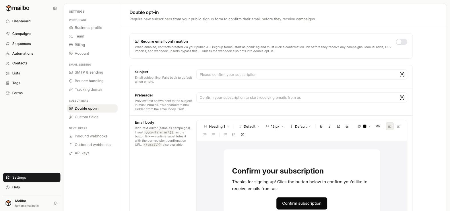 The Double opt-in settings page