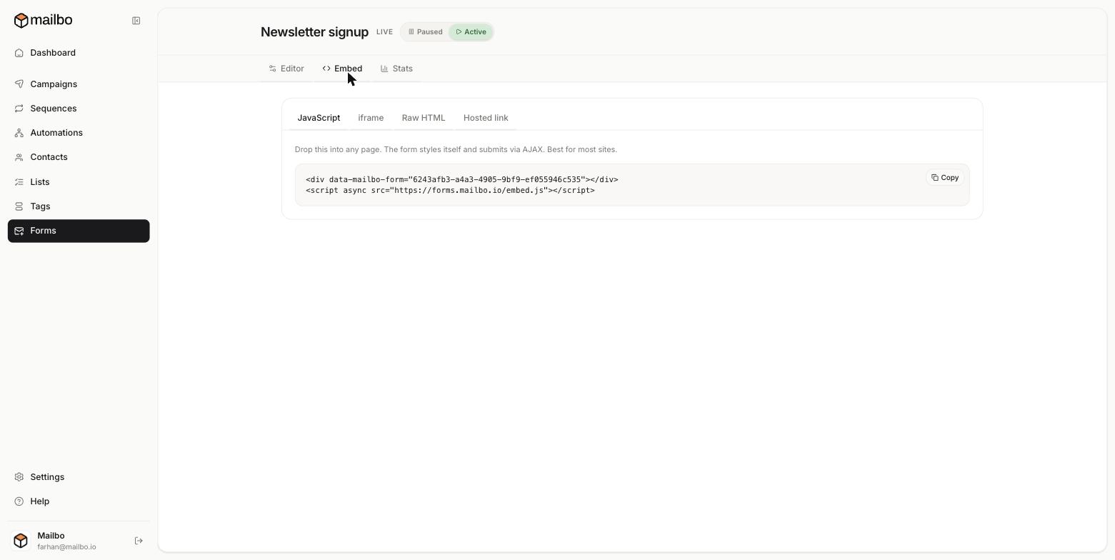 The Embed tab with the copyable code