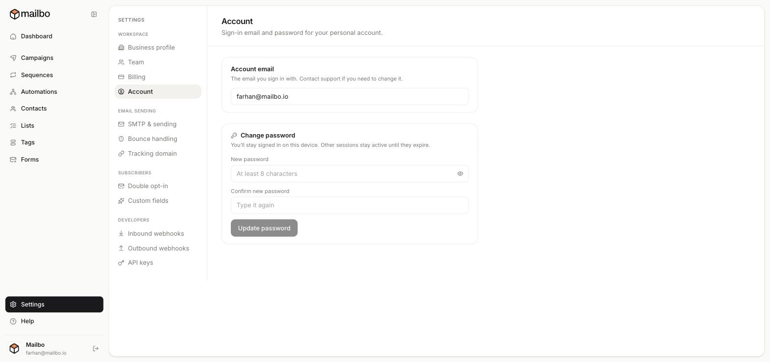 The Account settings page