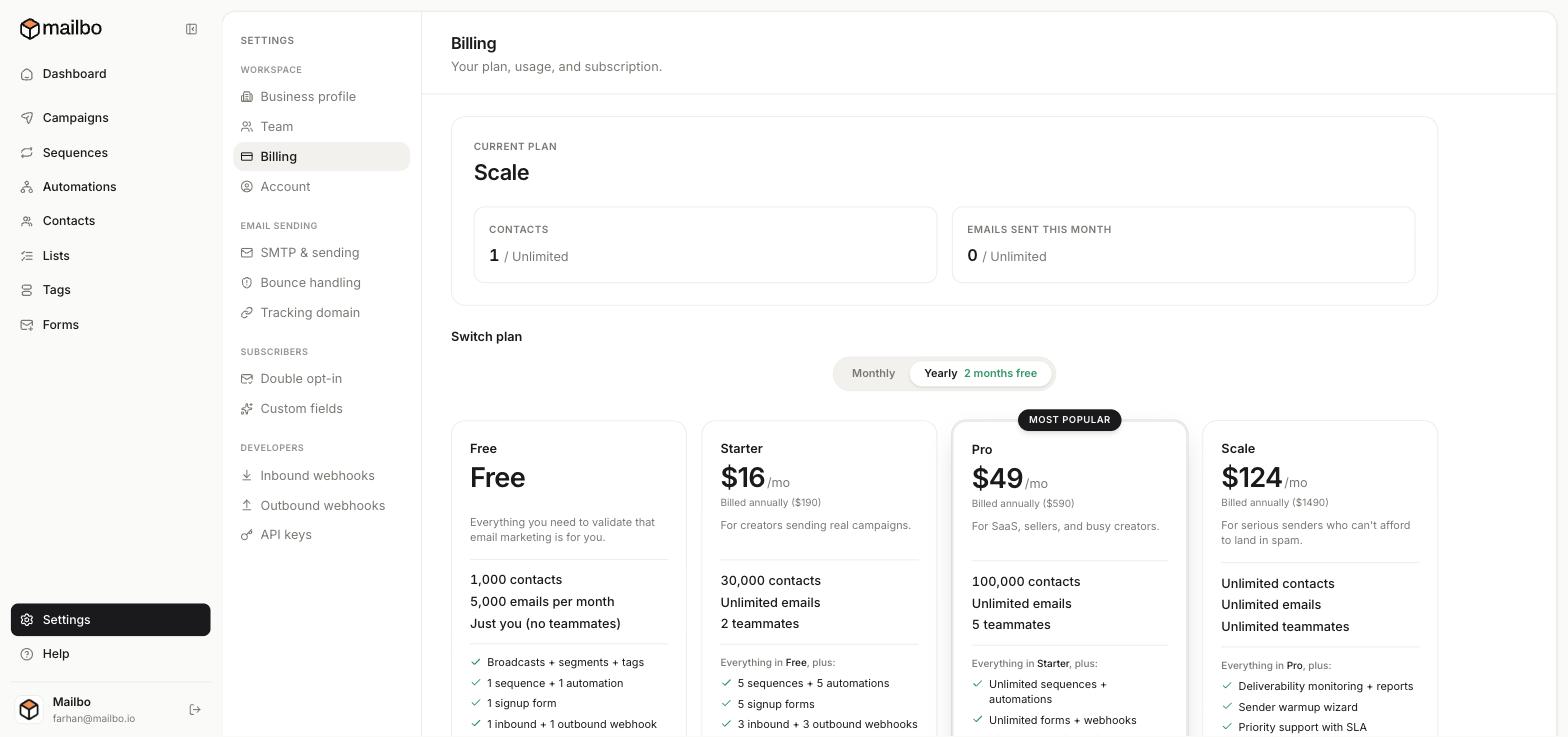 The Billing page with plan comparison