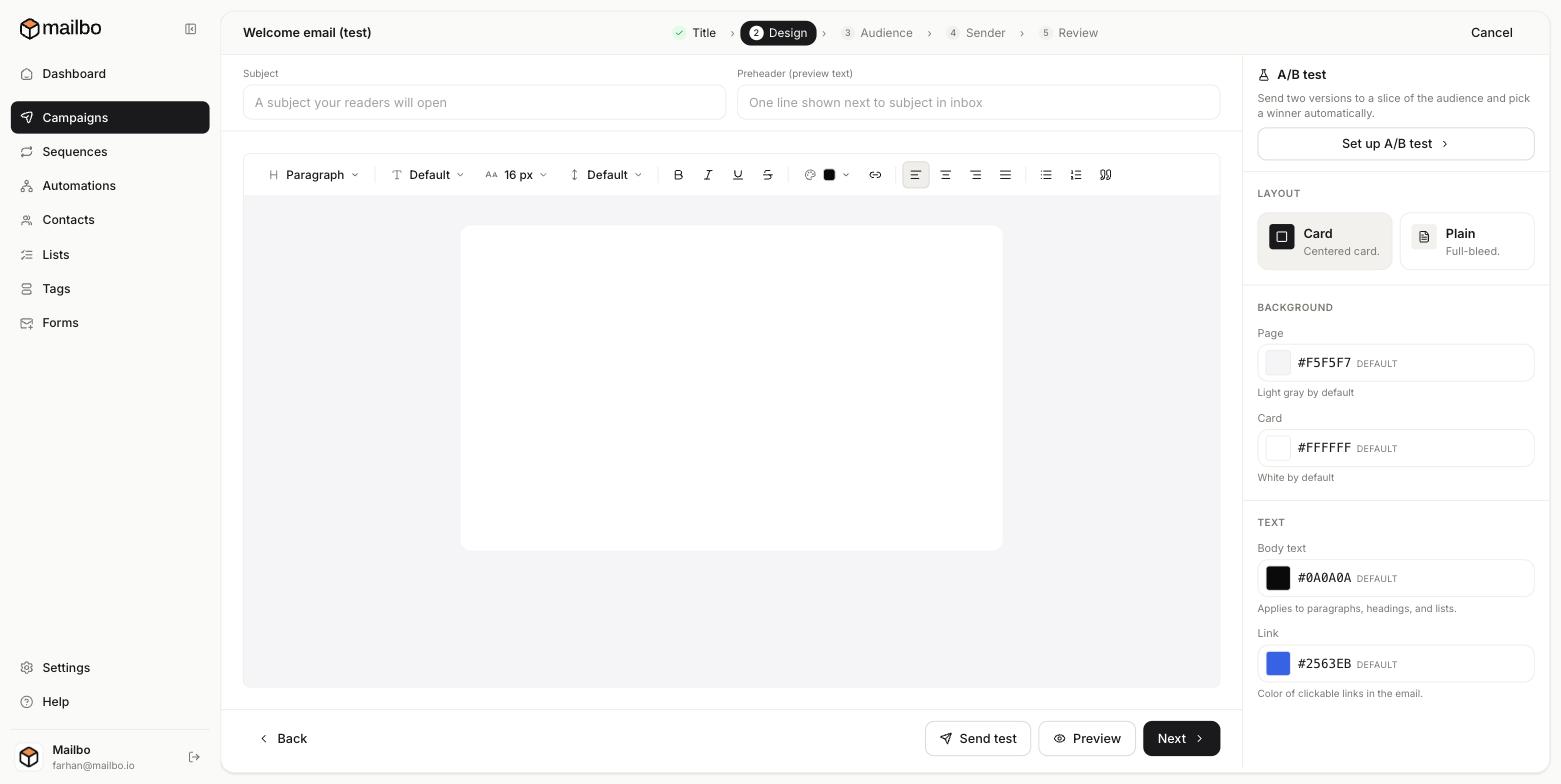 The Design step / email editor